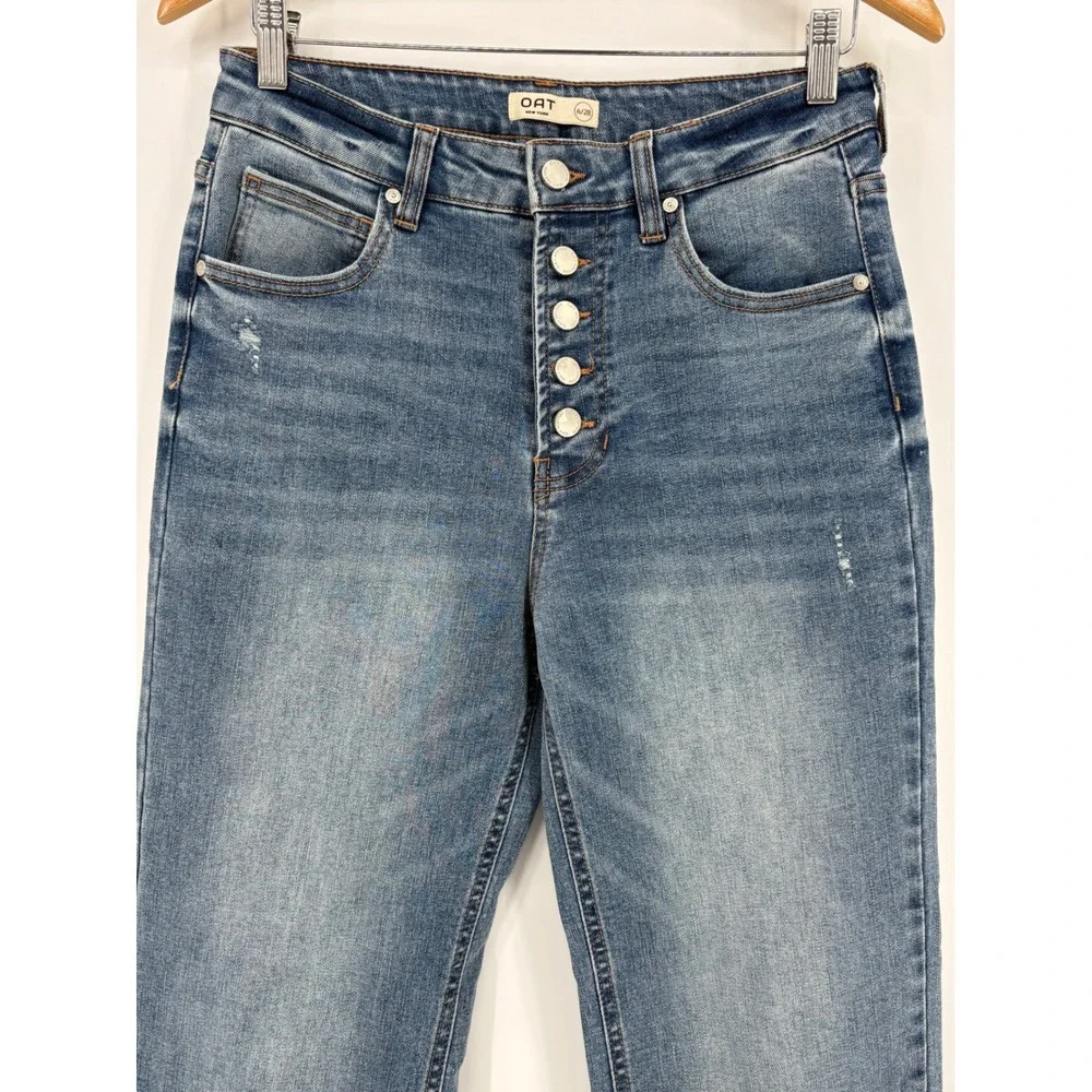 OAT New York Mid Rise Kick Flare Jeans Size 6/28 Blue Denim Button Fly Versatile